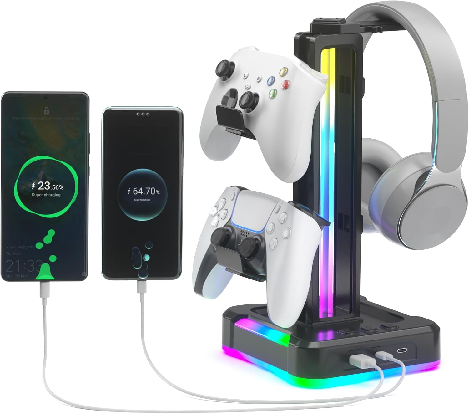 RGB Gaming Headphone and Controller Stand with 2 Type-C and 1 USB Ports | Headset Stand with 9 Light Modes, Headset