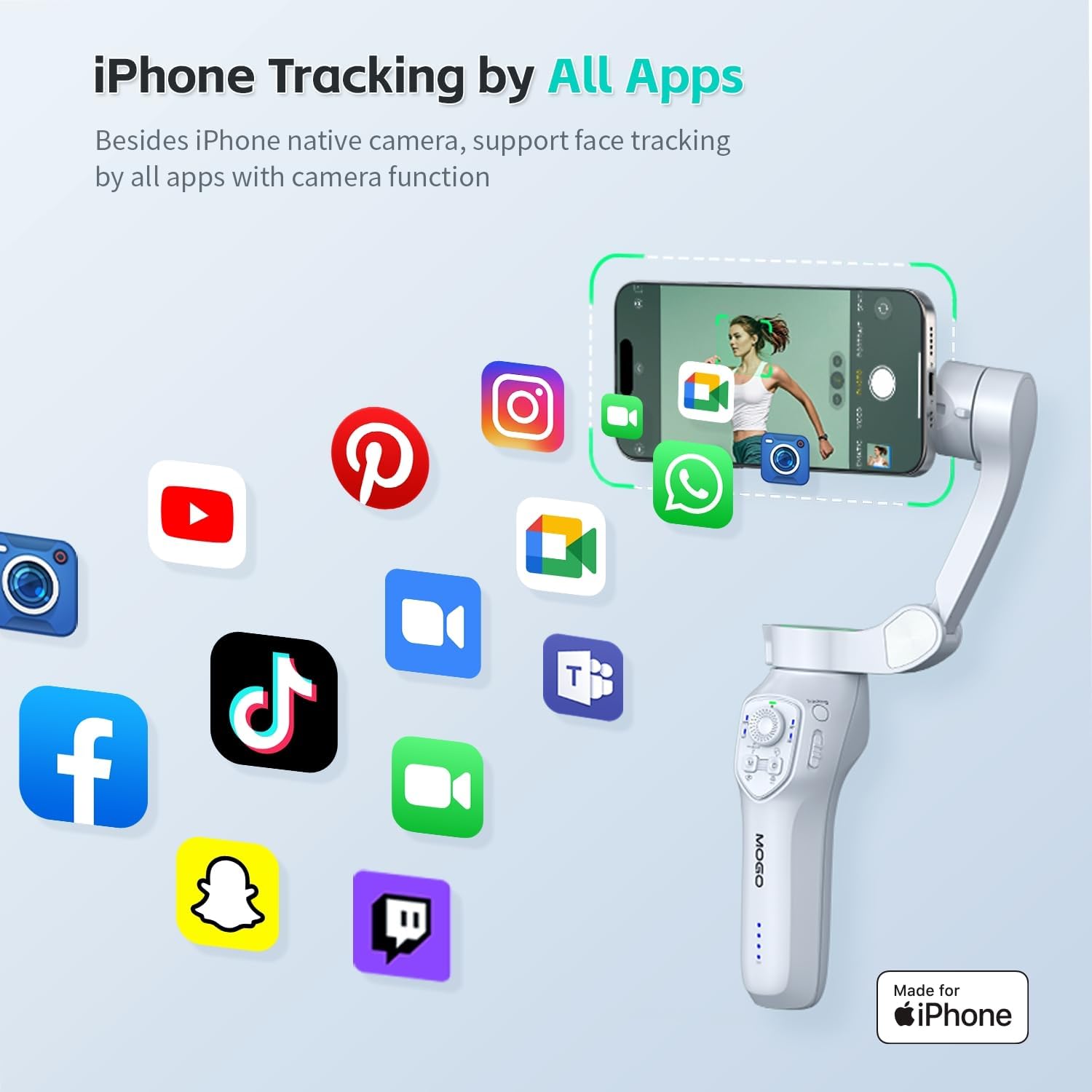 MOGO Only for iPhone, Gimbal Stabilizer for iPhone, [MFi Certified] Phone Gimbal with 360 Degree Face Tracking for
