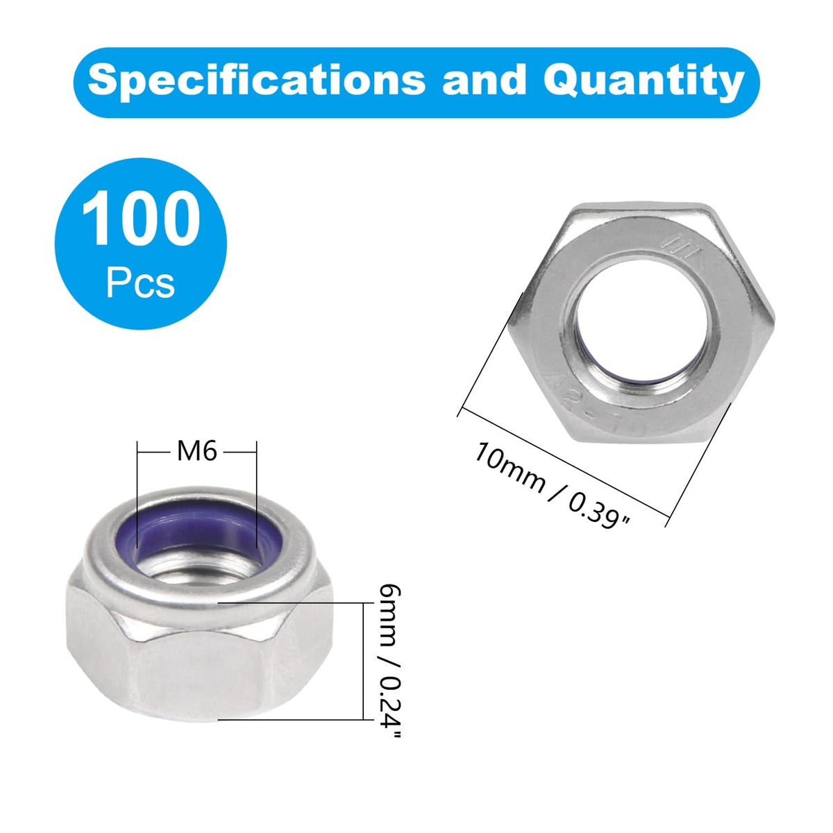 100PCS M6 Locknuts M6x1.0mm Nylon Insert Hex Lock Nuts