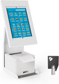 iPad Kiosk Stand with Printer Shelf, Locking Anti-Theft, White | Tablet POS Stand for Countertop Checkout, 90°