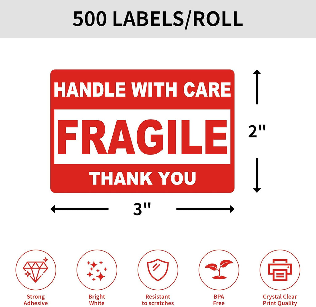 Fragile Stickers for Shipping, 2 x 3 Inch Red Handle with Care Labels, 2Rolls/ 1000 Labels Waterproof Packing