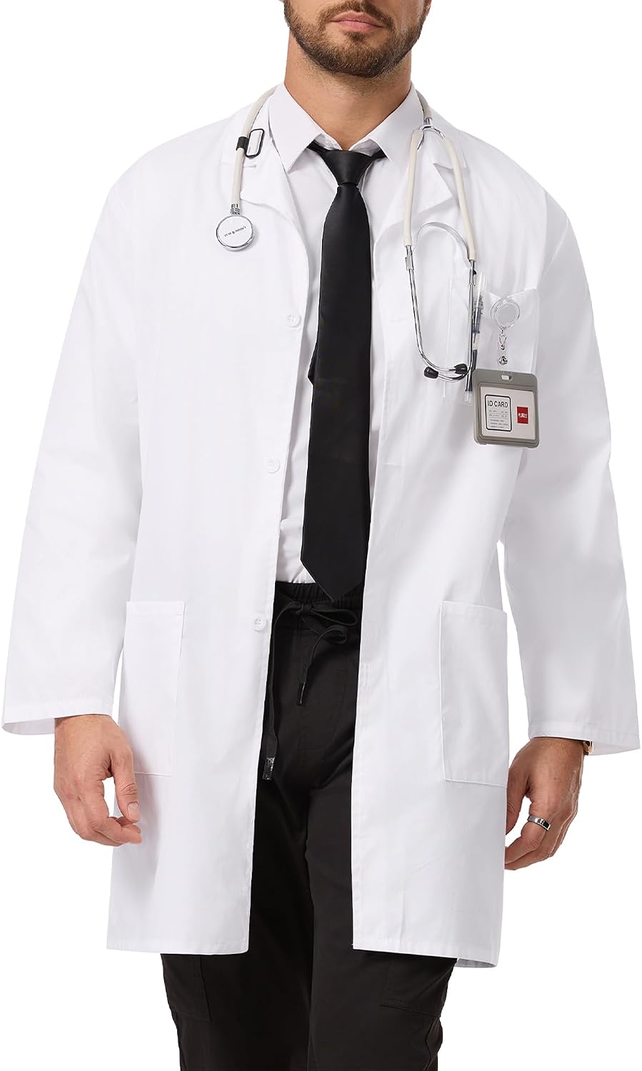 White Lab Coat for Men, Long Sleeve Doctor Coat with 3 Pockets