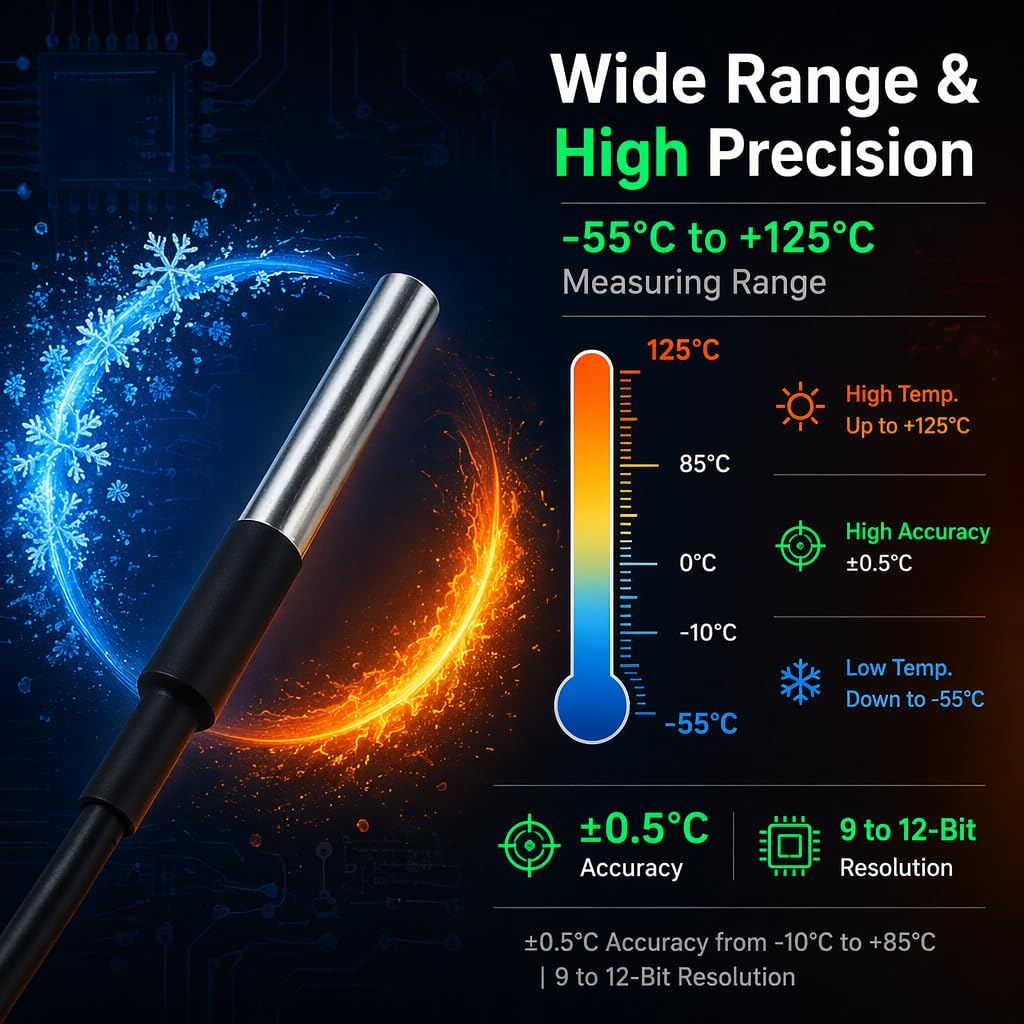 DS18B20 Waterproof Temperature Sensor Probe Moudle Kit Stainless Steel Probe for Raspberry Pi, 5 pcs, 1 Meter