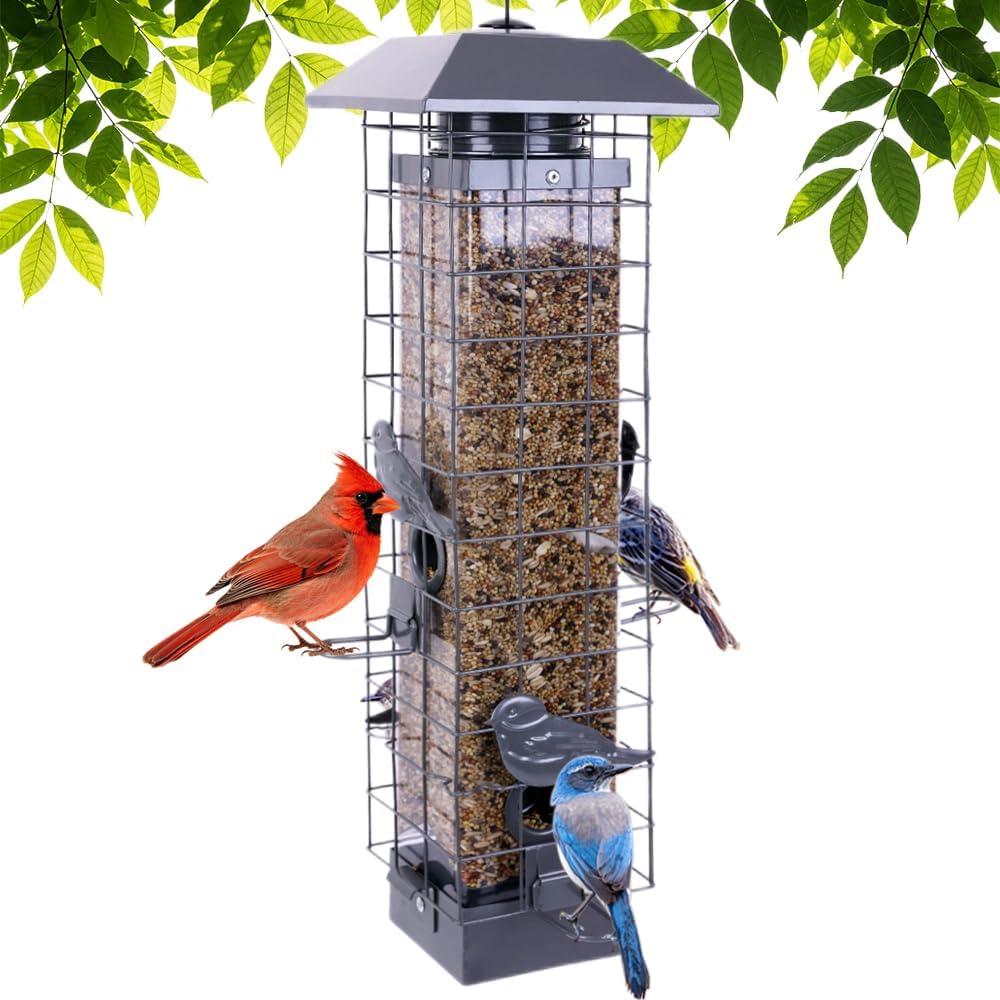 Squirrel Proof Bird Feeders for Outdoors, Metal Wild Bird Feeder for Outside Hanging, 4 Ports Perches, 3LB Large