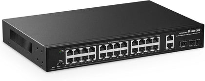 28 Port Gigabit PoE Switch, 24 Gigabit PoE+ Ports, 2 Gigabit Uplink, 2 Gigabit SFP, 300W IEEE802.3af/at, Metal