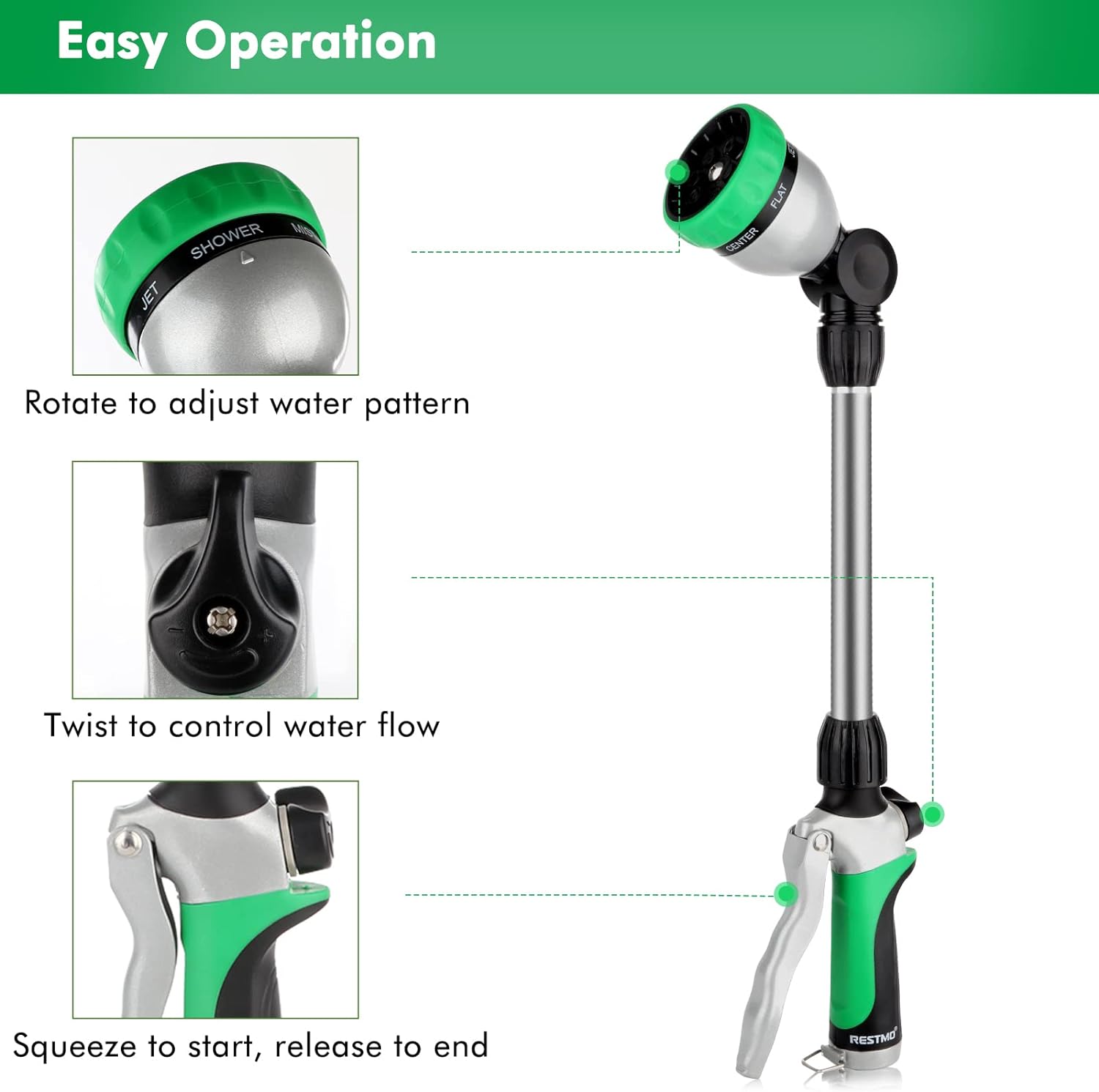 Metal Watering Wand, Heavy Duty Garden Hose Wand with 180° Swivel Ratcheting Head, 16-Inch Hose Nozzle Sprayer with 7