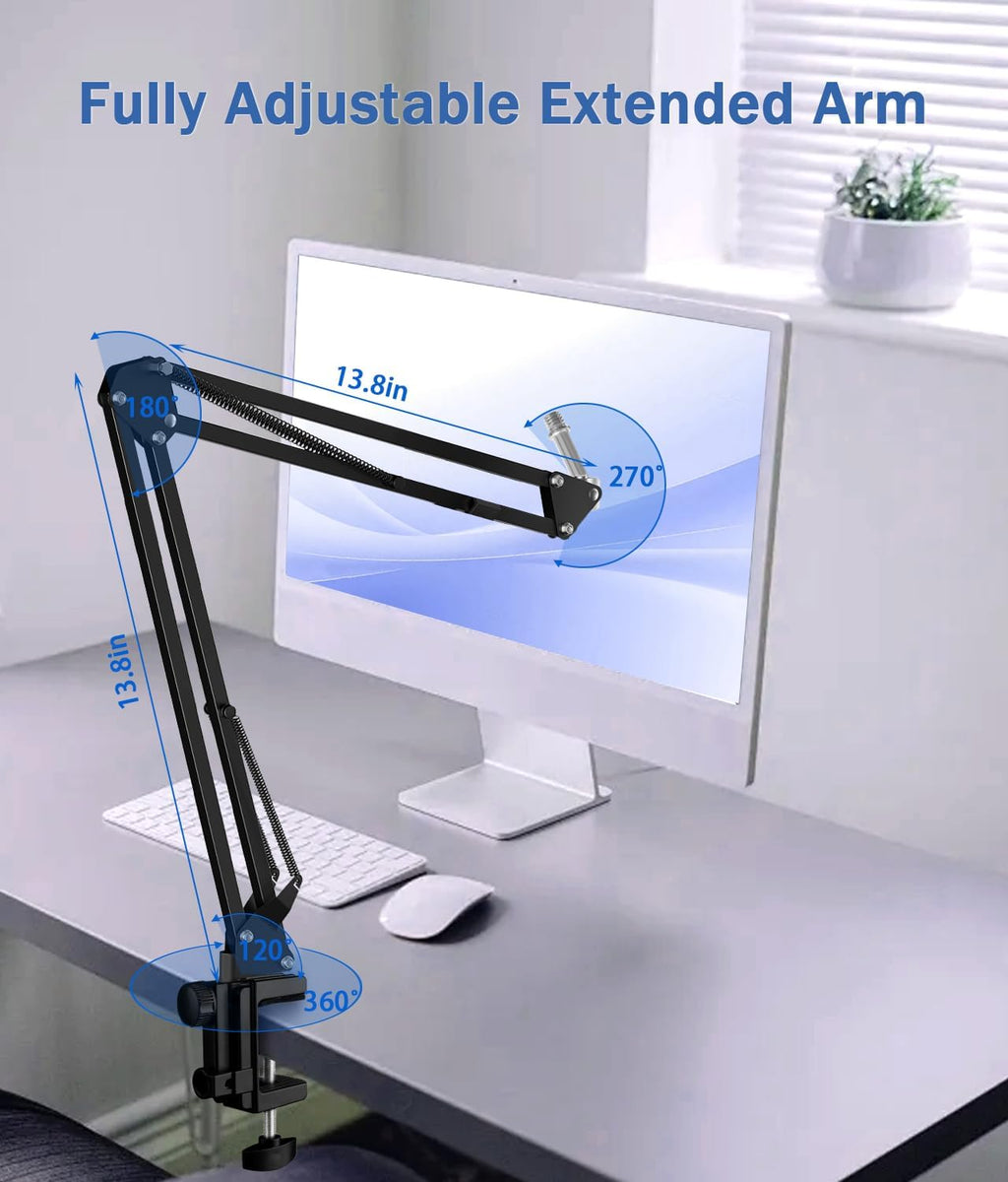 Versatile Boom Arm Stand for Desk, Adjustable Microphone Stand Kit | With Pop Filter, Shock Mount, Microphone Clip