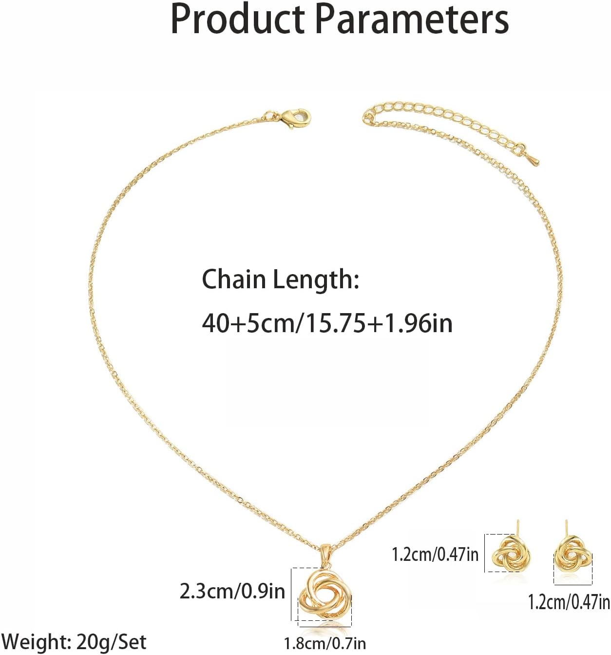 Minimalist Love Knot Stud Earrings and Necklace Jewelry Set for Women Gold-Toned Simple Circle Knot Pendant Necklaces