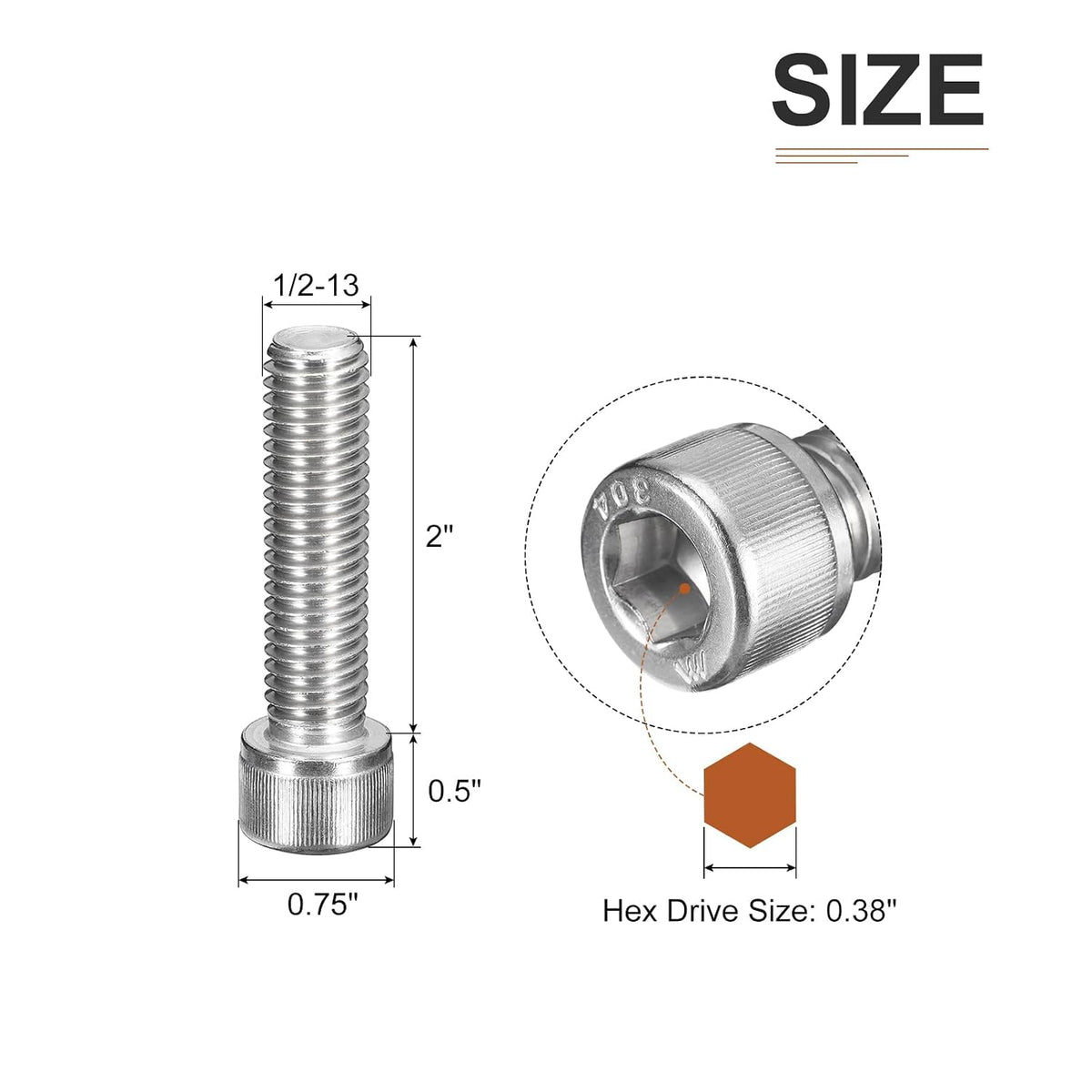 DTGN 1/2-13x2 Socket Head Cap Screws Bolts, 5Pcs 304 Stainless Steel 18-8, Machine Hex Socket Screw, Hex Drive, Bright Finish, UNC Coarse Thread Fully Threaded