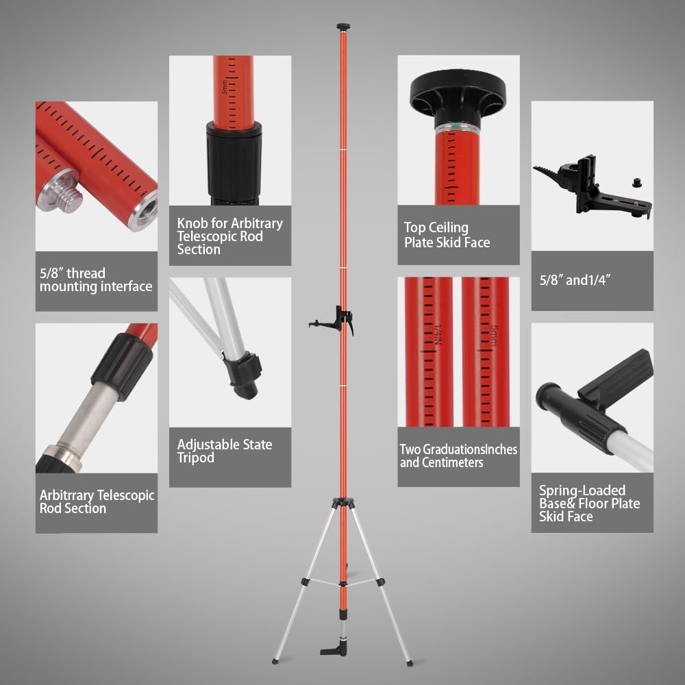 Laser Level Pole with Tripod, Telescoping Tripod | 12 Ft./3.7M with 1/4-Inch by 20-Inch Lasers' Mount for Rotary and
