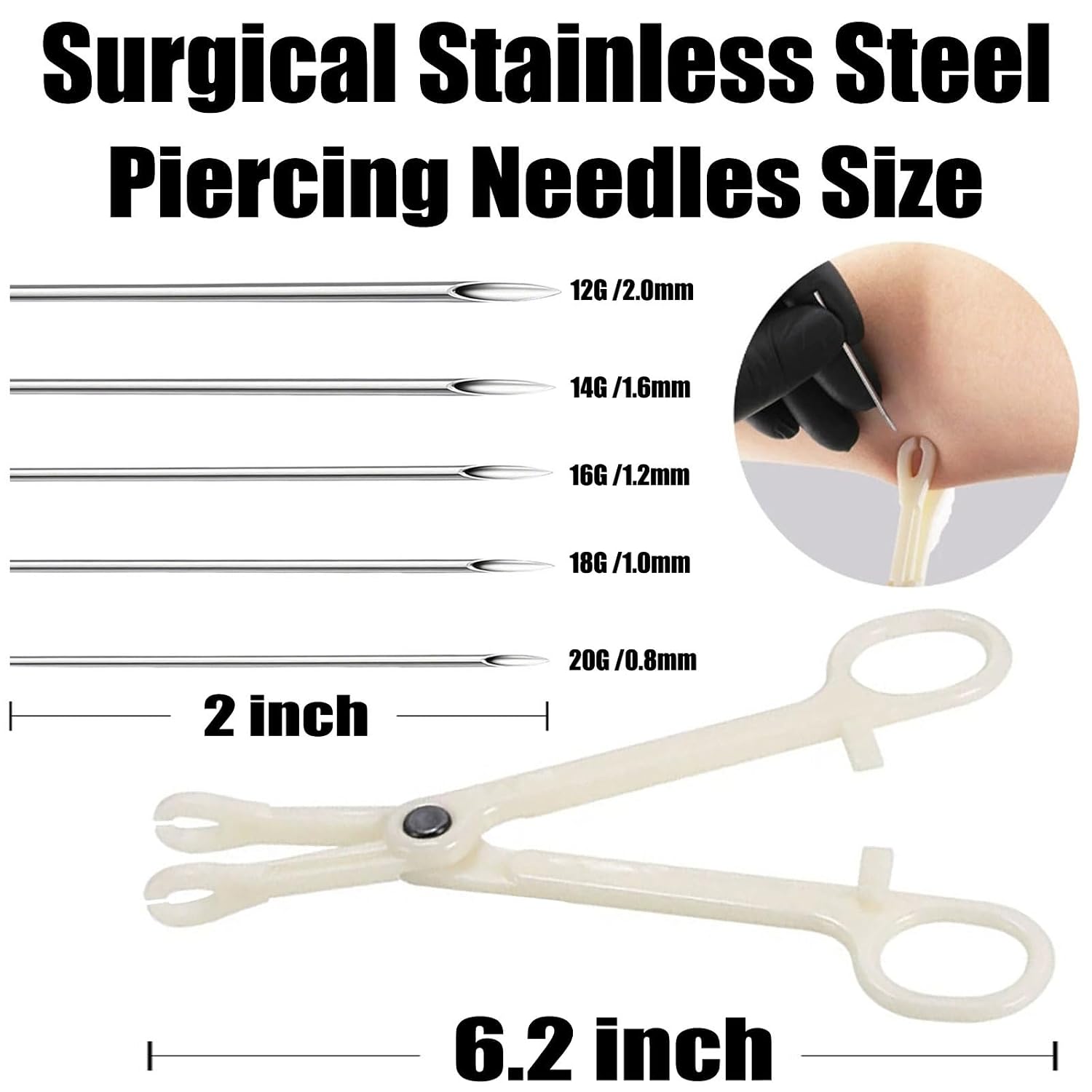 Body Piercing Needles Kits, Disposable Stainless Steel Needles with Forceps Clamp, Suitable for Ear Nose Septum Ear