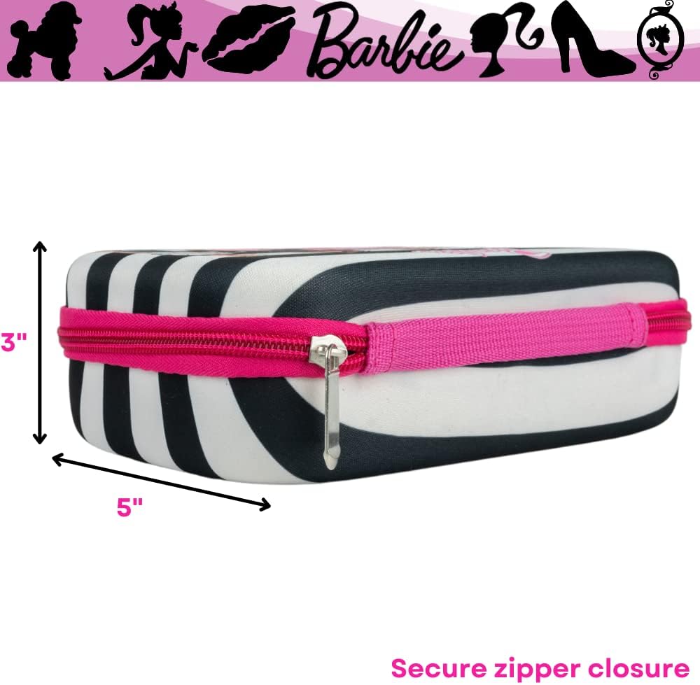 Barbie Pencil Case Set with Stickers and Gel Pens for Kids, Molded with Zip Closure, Pink