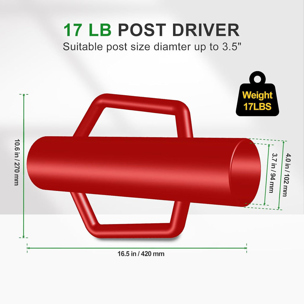 Fence Post Driver with Handle 17LB, T Post Pounder for Wire Fencing, Red
