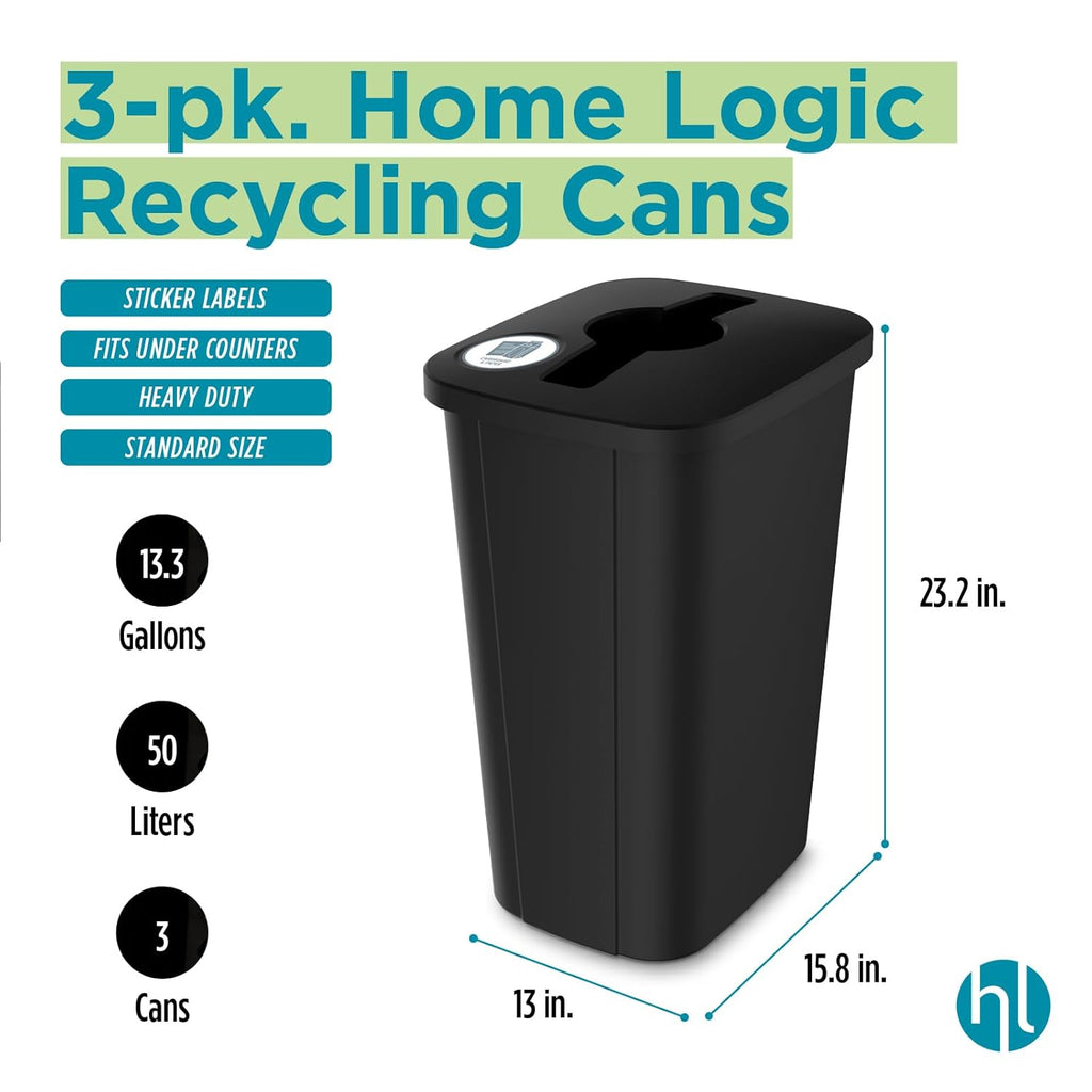 Recycling Bin System, 3 Pack Waste Sorting Containers with Stickers, Plastic Trash Cans for Kitchen Garage Home