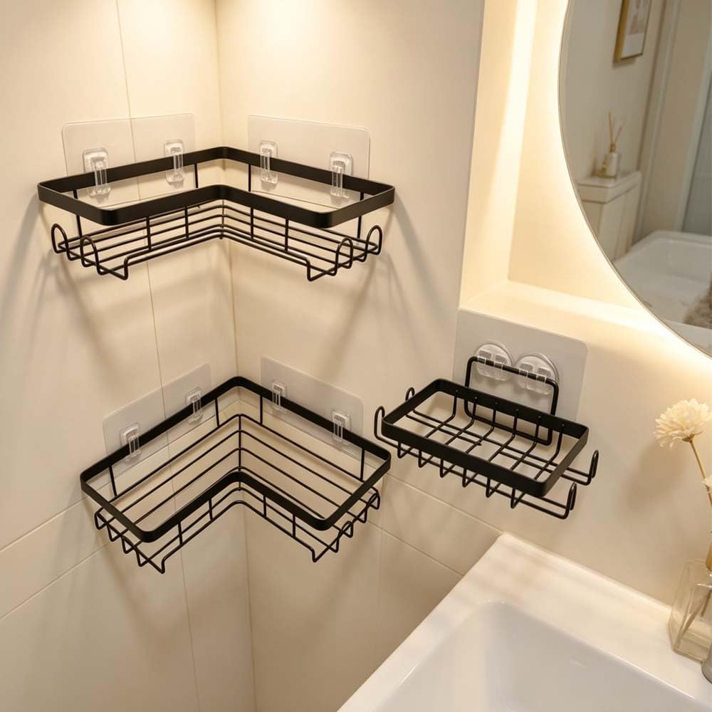 Corner Shower Caddy, 3 Pack Adhesive No-Drill Shelf, Rustproof Bathroom Organizer Rack with Hooks