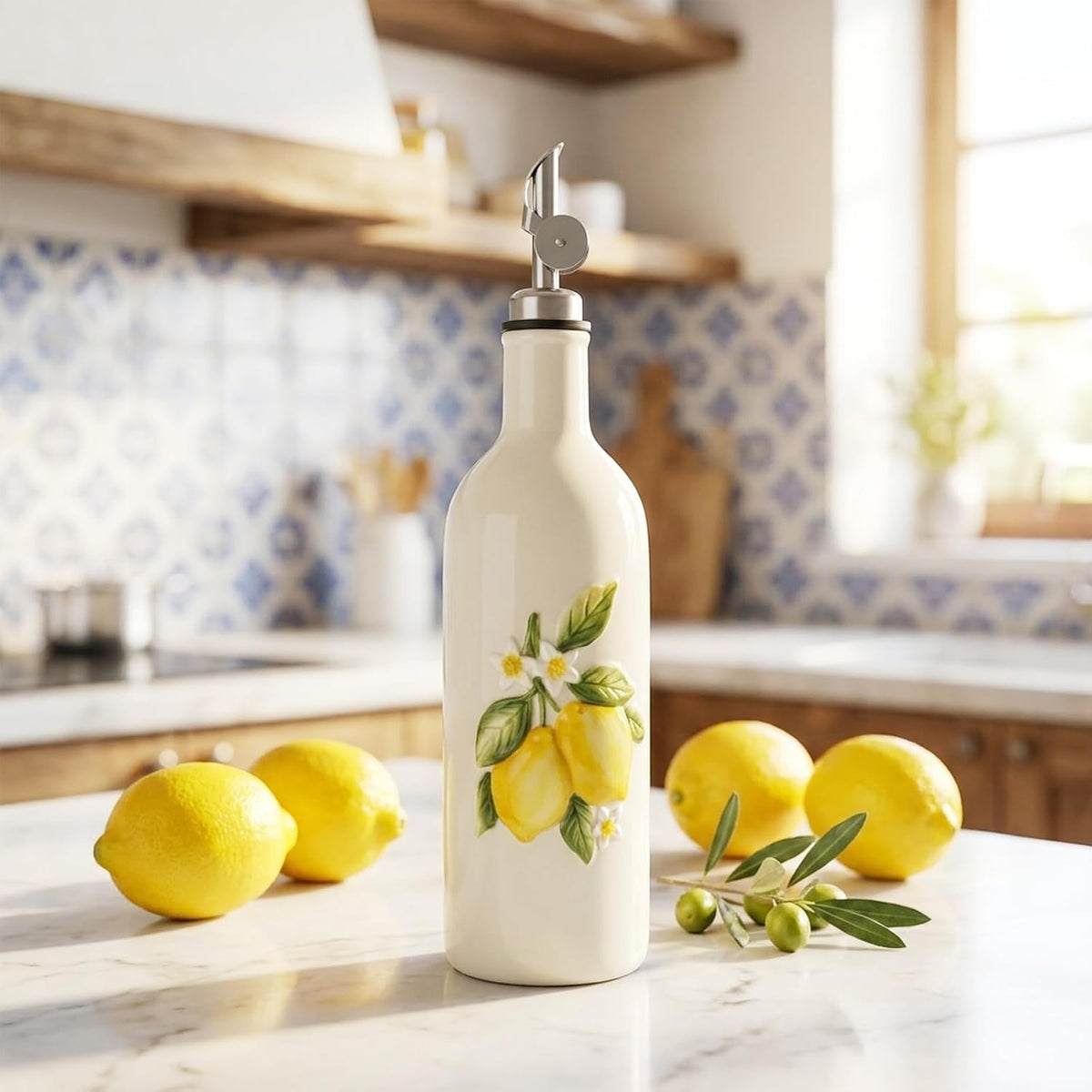 Ceramic Olive Oil Dispenser Bottle with Spout, 18 OZ, Lemon