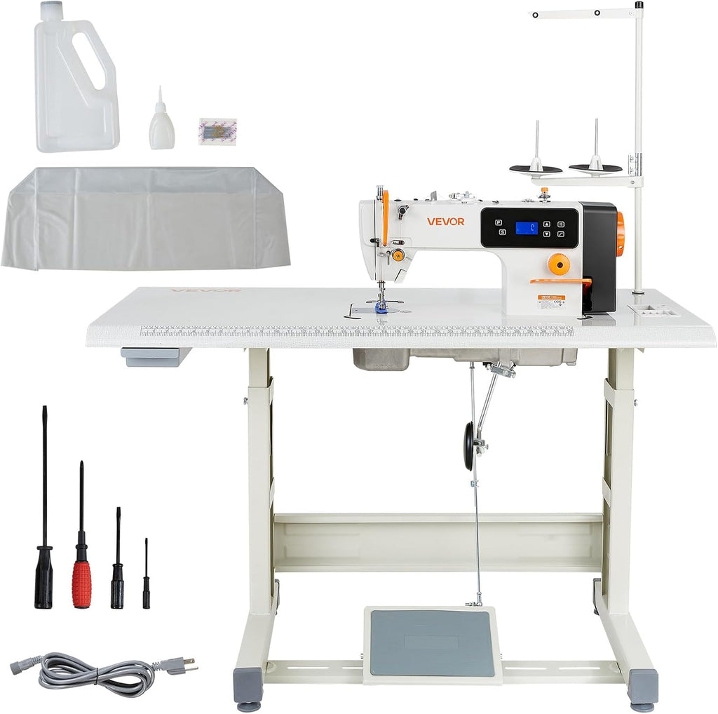Industrial Lockstitch Sewing Machine, 550W Commercial Set with Servo Motor & Table Stand, 5000 SPM High Speed, Metal