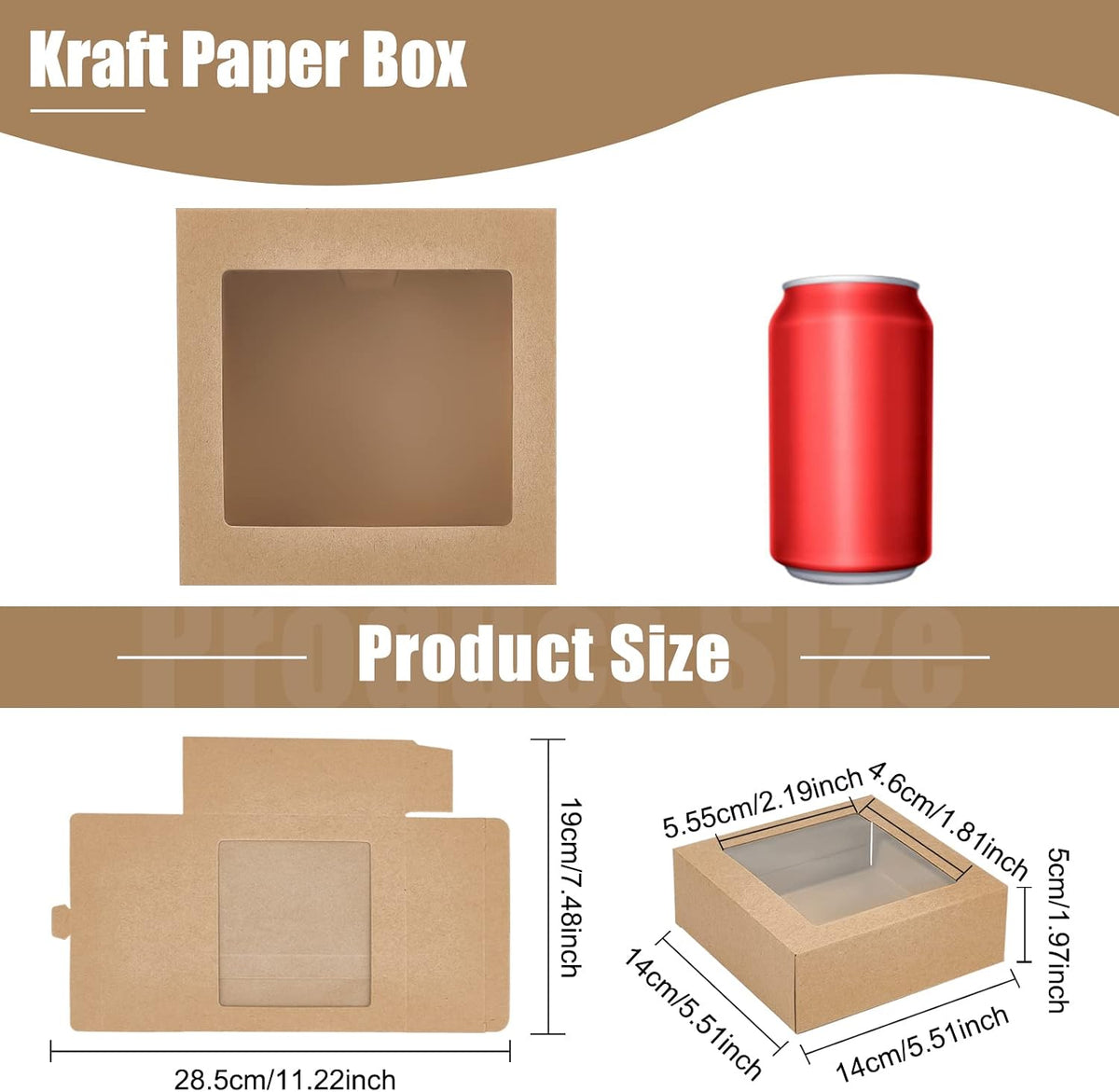 16Packs 5.5x5.5x2inch Clear PVC Square Window Gift Boxes, Brown Kraft Paper Present Boxes for Wedding Gift