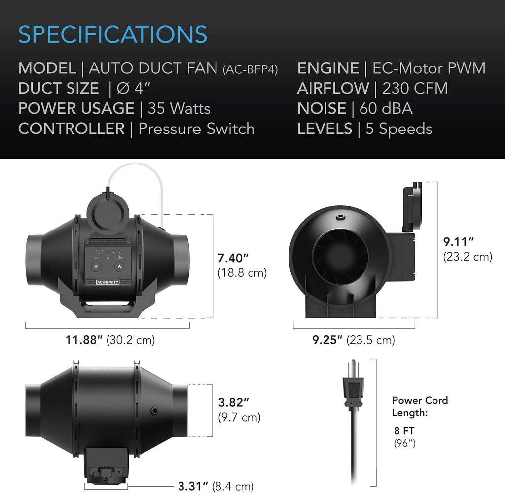 AC Infinity Automatic Booster Duct Fan 4" Inline Fan with Pressure Switch