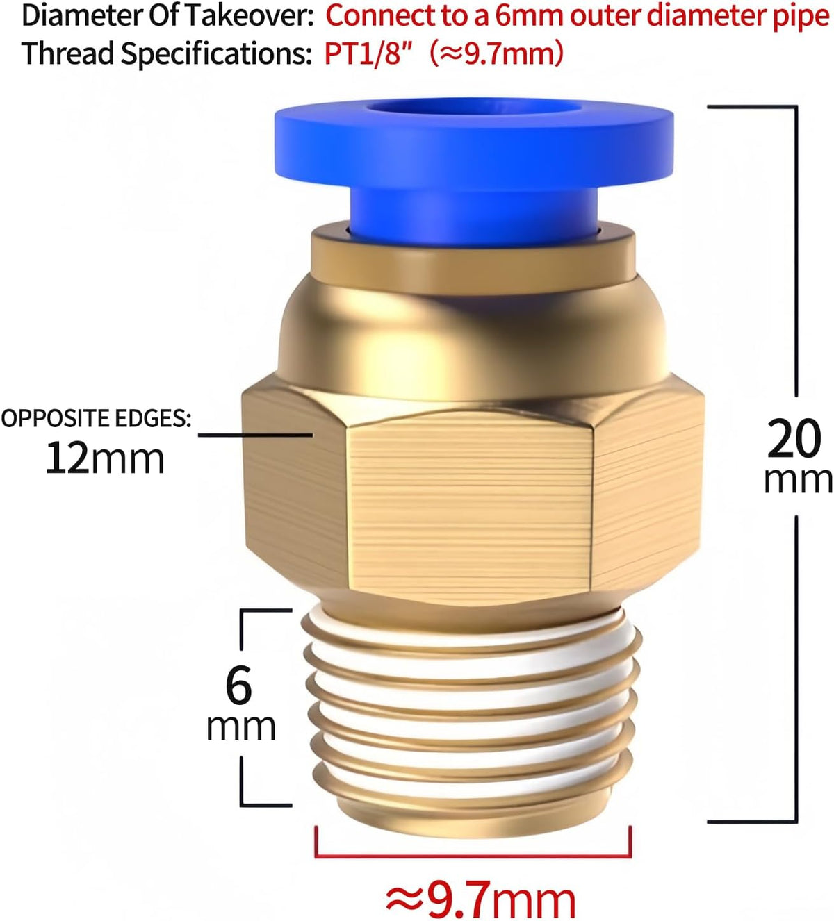 PC6-01, Pneumatic Push-to-Connect Fitting, Air Line Push-to-Connect Fitting, 20-Pack