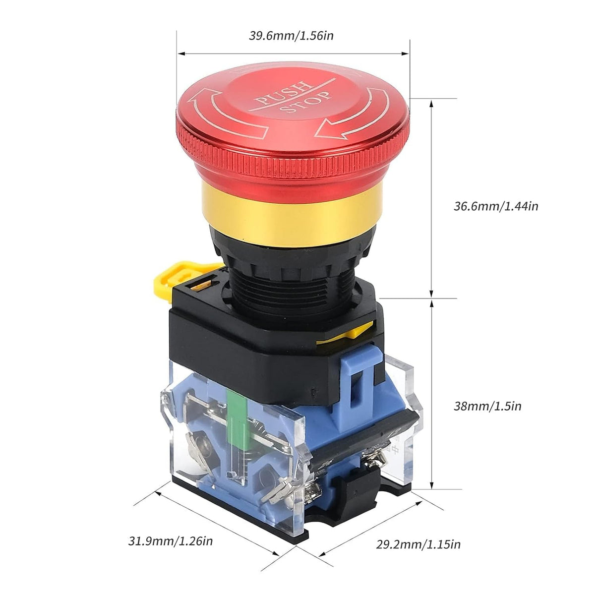Emergency Stop Button 10A 440V Latching Push Button Switch, 22mm Aluminum Alloy Round E-Stop Button IP65 Waterproof Self-Locking Shut Off Switch