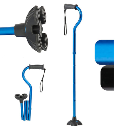 Offset Folding Cane, 4-Point Base With Cushioned Gel Handle, Supports Up To 350 lbs, Blue