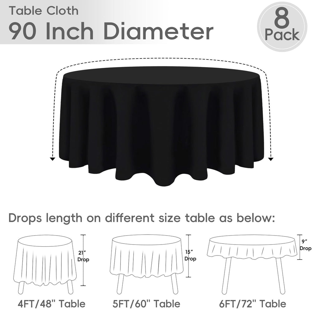 8 Pack Black Round Tablecloths 90 Inch for 36"-72" Table