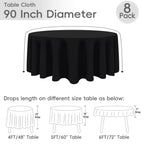 8 Pack Black Round Tablecloths 90 Inch for 36"-72" Table