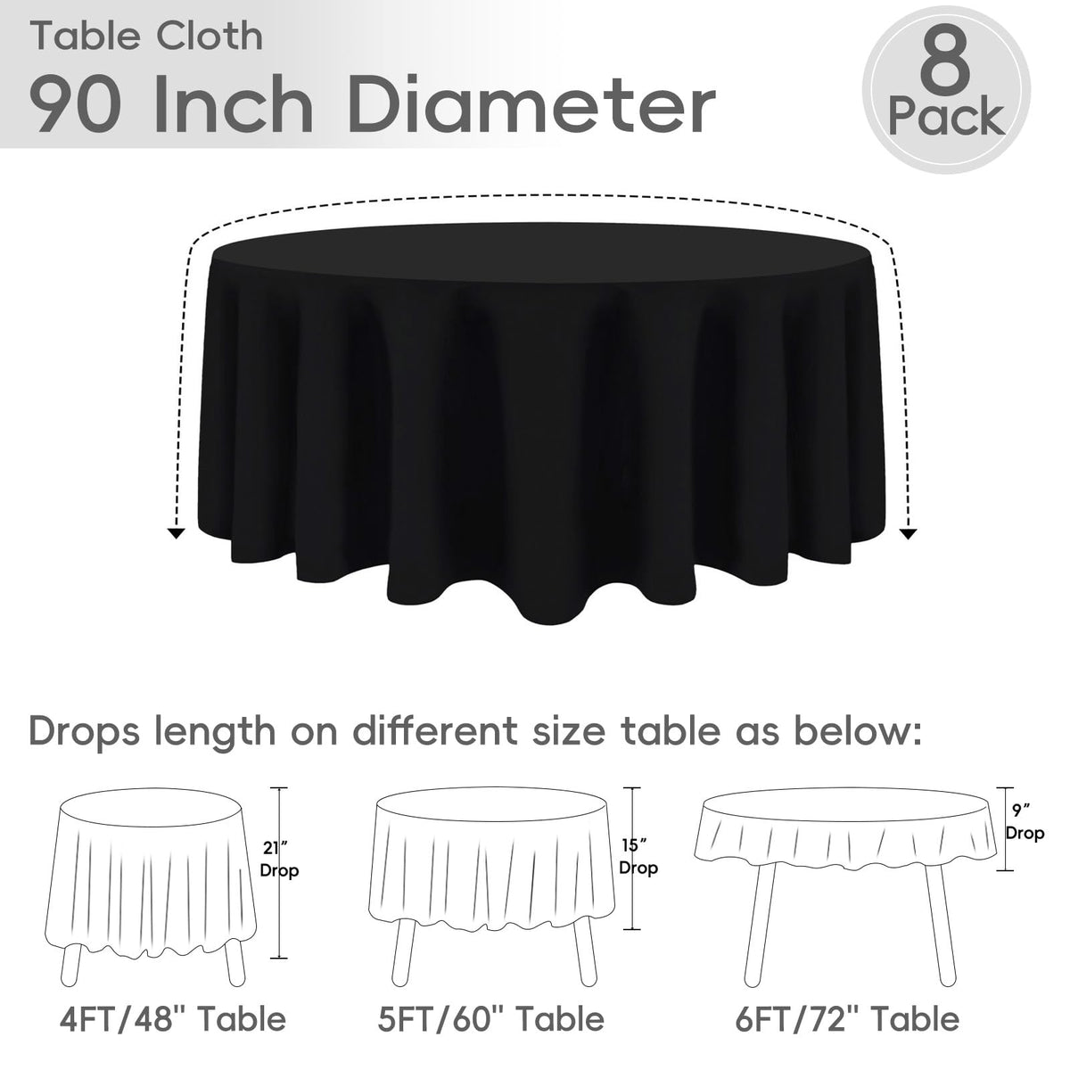 8 Pack Black Round Tablecloths 90 Inch for 36"-72" Table