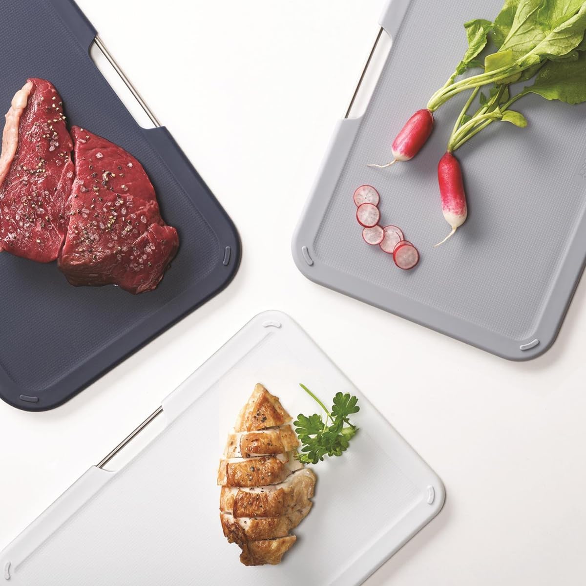 Nest 3 Piece Color Coded Cutting Board Set With Storage Stand, Regular - Grey/Blue
