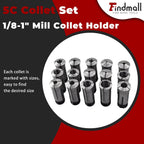 findmall 15Pcs 5C Collet Set, 1/8-1" Mill Collet Holder