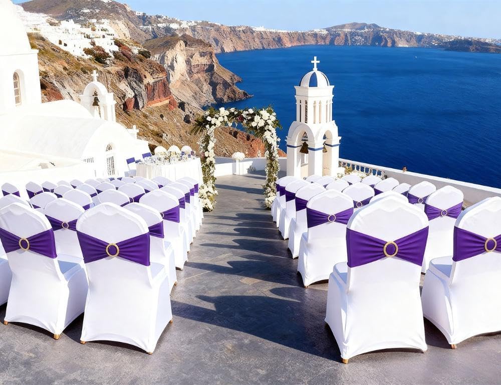 Purple Chair Sashes 50 Pack with Gold Buckle Slider, Spandex Chair Bows Bands for Folding Chairs Wedding Party