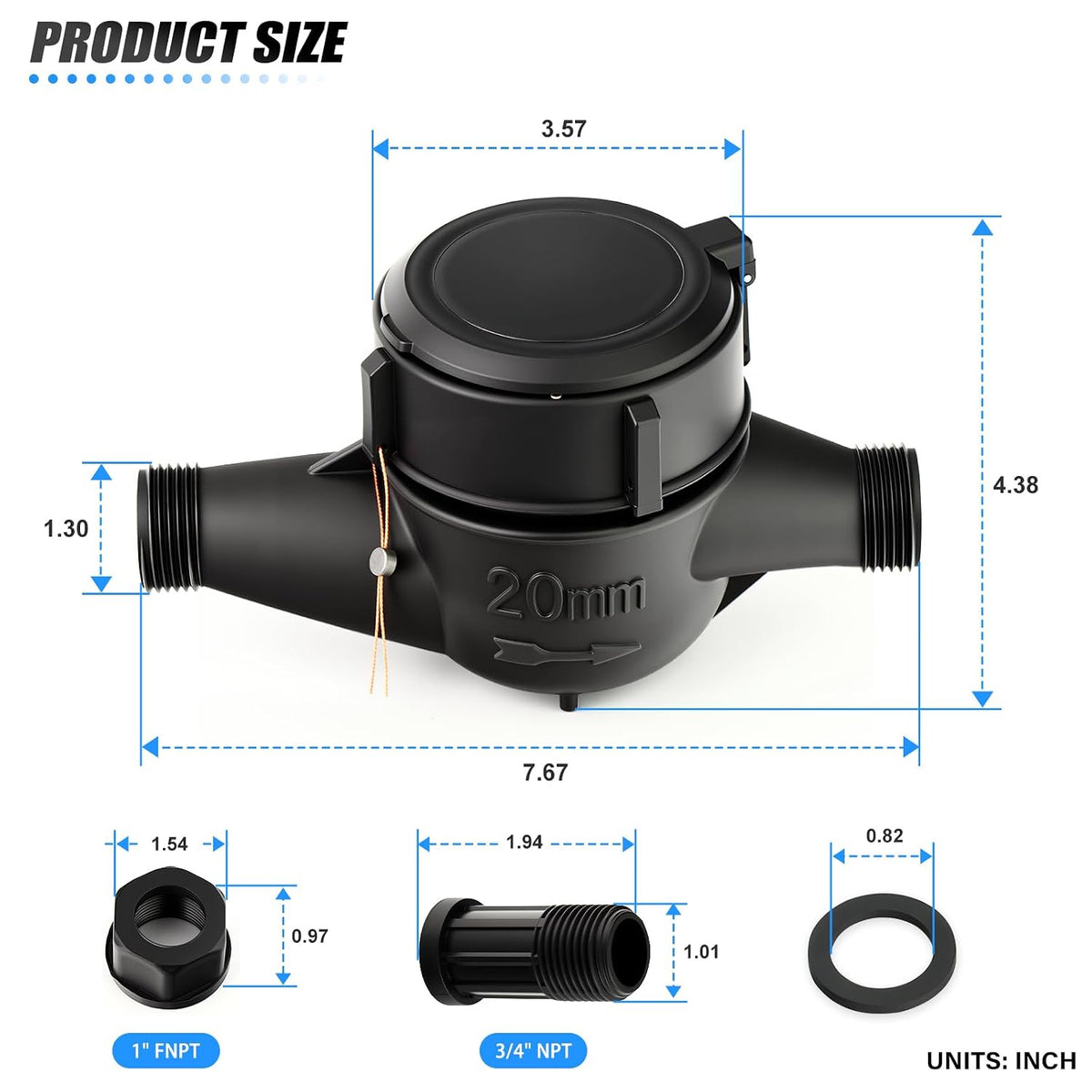 MEANLIN MEASURE Plastic 3/4" NPT Couplings Water Meter Gallon Cold Water Meter for Garden or Home, 20MM Measuring in Cubic Meter, Single-Jet Horizontal Install