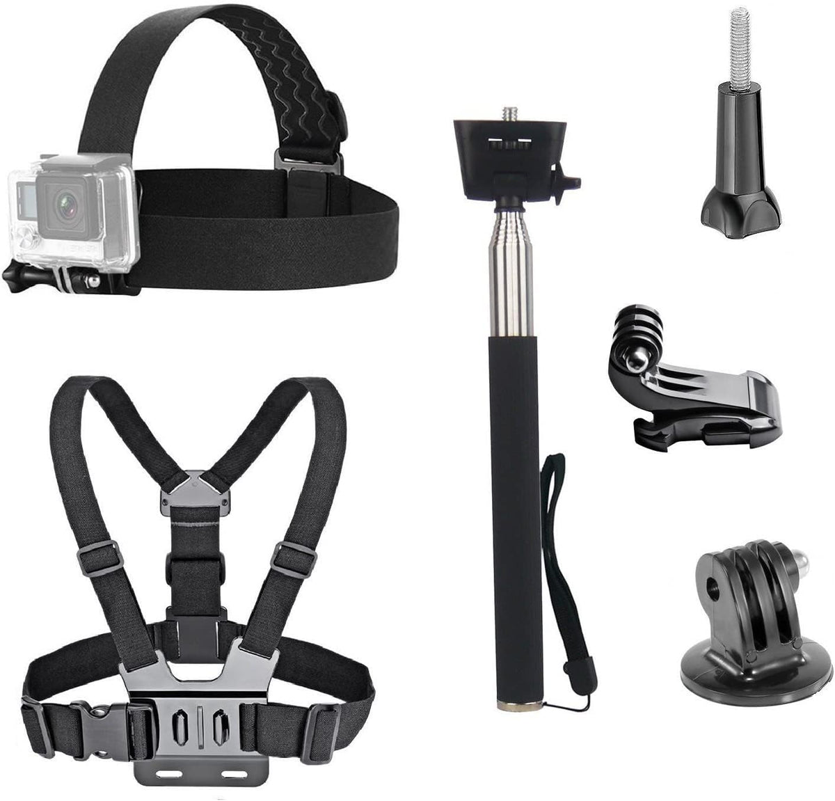 3 in 1 Universal Action Camera Accessories Kit | Head Strap Mount/Chest Harness/Selfie stick Compatible Gopro Hero 13