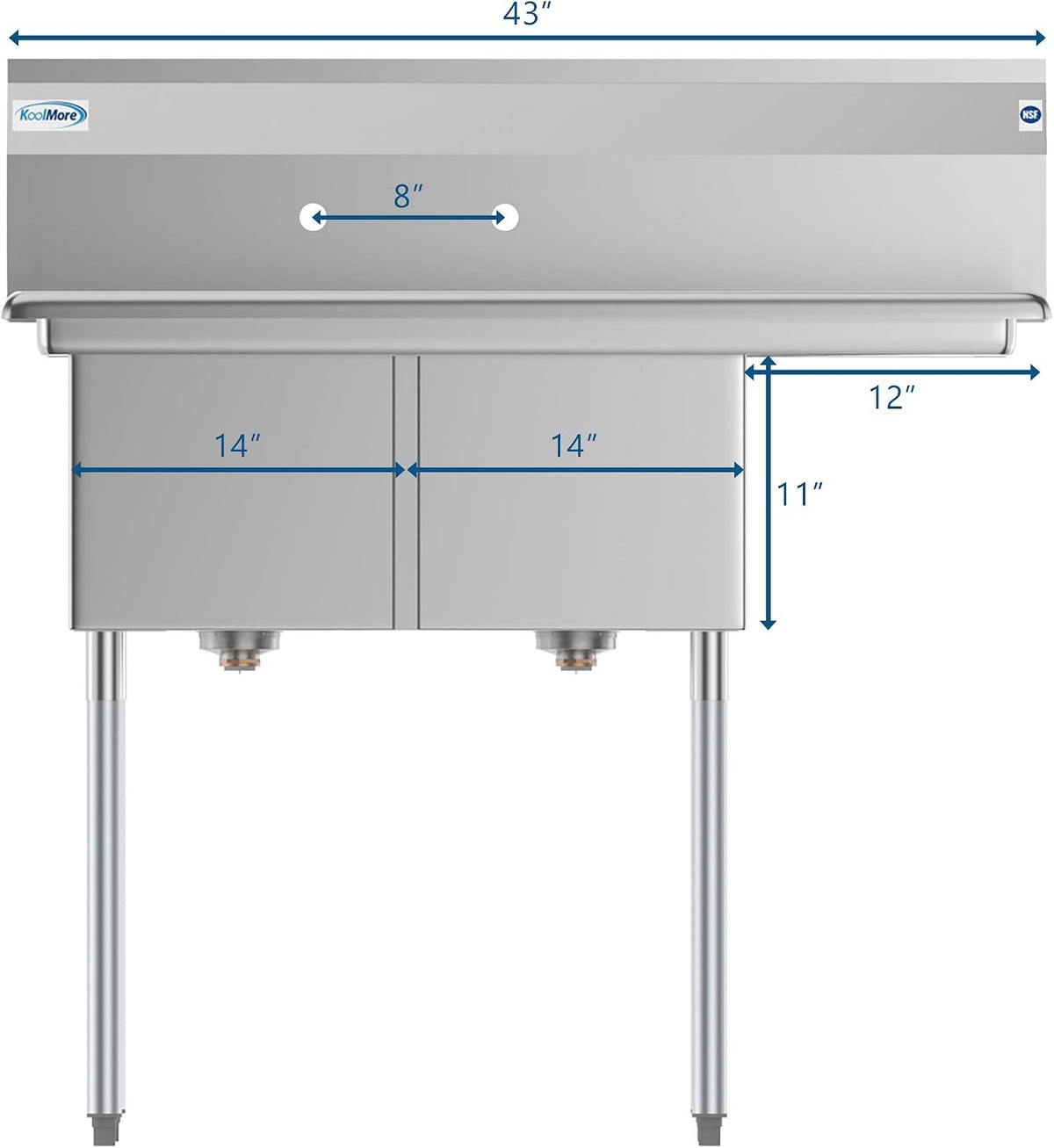2 Compartment Stainless Steel NSF Commercial Kitchen Prep & Utility Sink with Drainboard - Bowl Size 14" x 16" x 11"