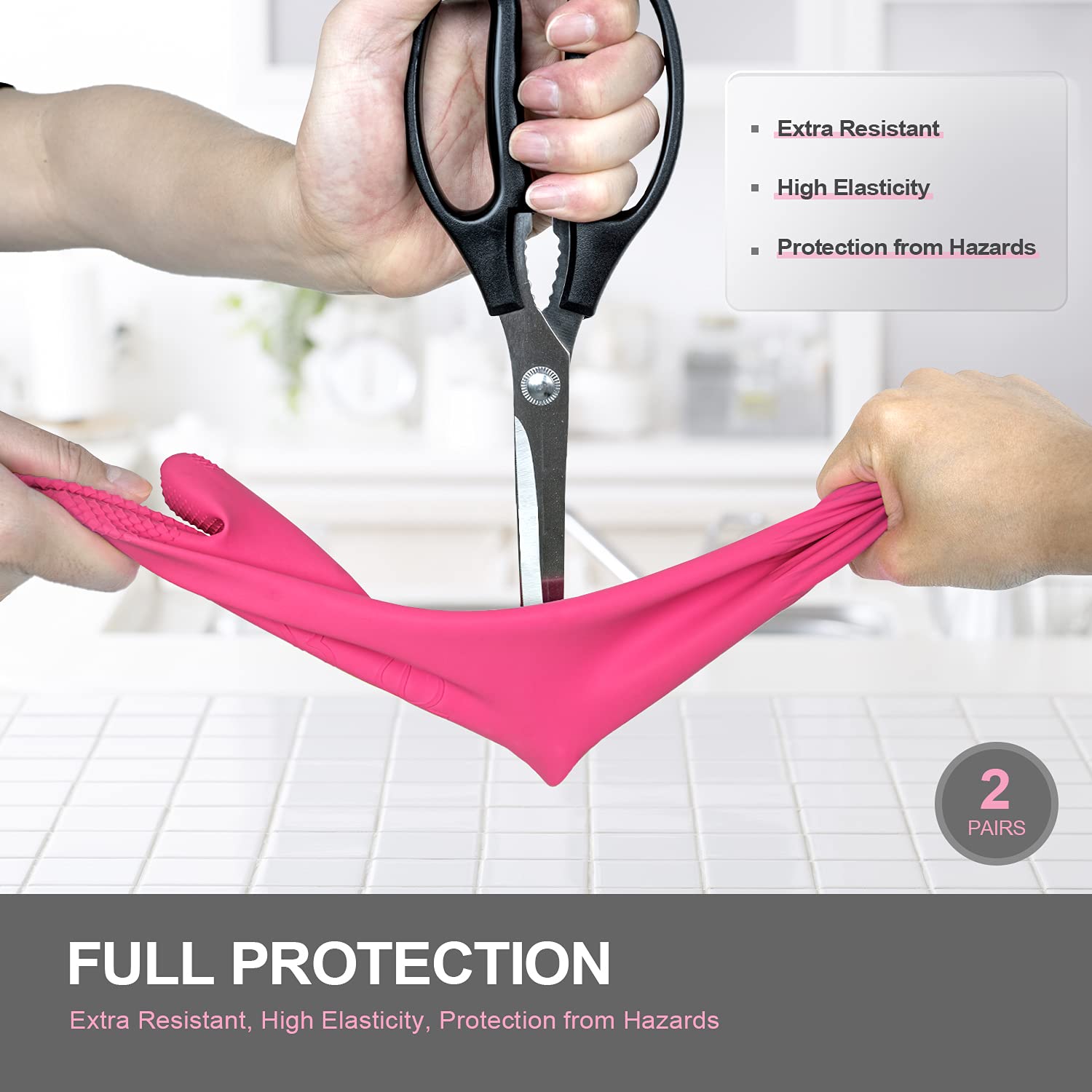 Mamison 2 Pairs Reusable Waterproof Household Dishwashing Cleaning Rubber Gloves, Non-Slip Kitchen Glove (Pink