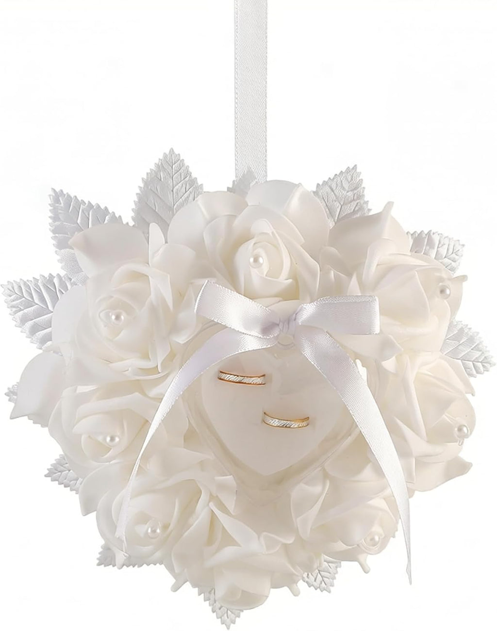 Wedding Ring Pillow White Rose Ring Bearer Pillow with Heart Ring Holder, Satin Ribbon & Pearl Foam Flowers for