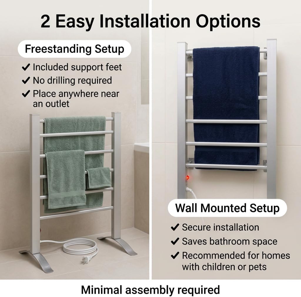 TW300 Towel Warmer Rack for Bathroom – 6-Bar Electric Heated Towel Rack, Wall Mounted or Freestanding Setup, Plug-In