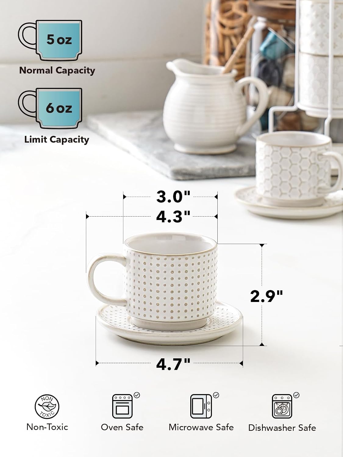 6 oz Stackable Cappuccino Cups with Saucers and Stand, Set of 4, Ceramic Coffee Cup Set for Flat White, Tea