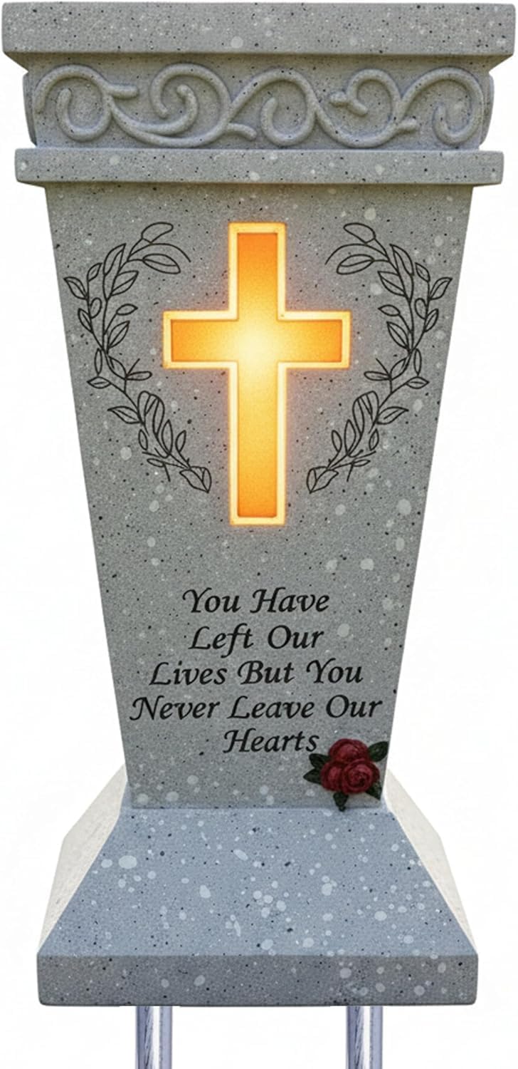 Solar Cemetery Vase with Lighted Cross & 2 Metal Spikes - Heavy Duty Resin Grave Decorations for Cemetery - Windproof
