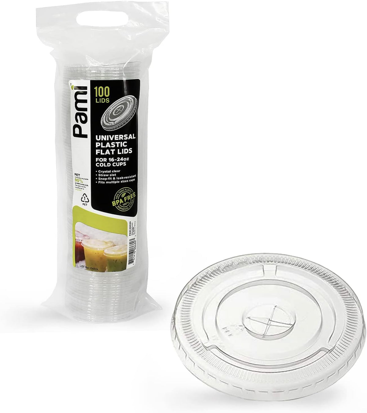 Clear Plastic Flat Lids with Straw Slot,Fits 16-24 oz Cups,100-Pack