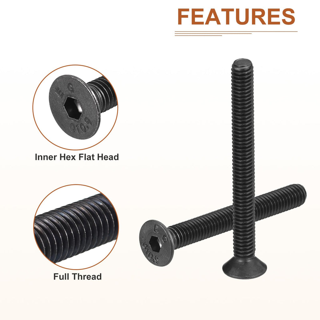 DTGN M4-0.7x30mm Flat Head Socket Cap Screws, 100 Pack Hex Socket Flat Head Screws Carbon Steel Black Oxide, Full Thread, Countersunk Bolts