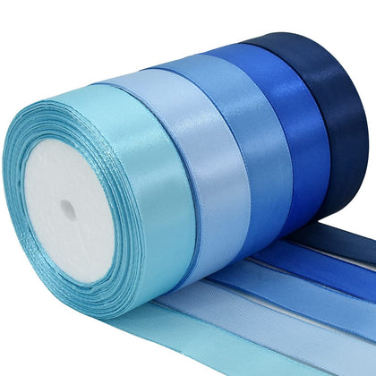 1 Inch Blue Satin Ribbon Rolls, 5 Rolls 125 Yards Mixed Blue Color Ribbon Set for Gift Wrapping Embellish Wedding