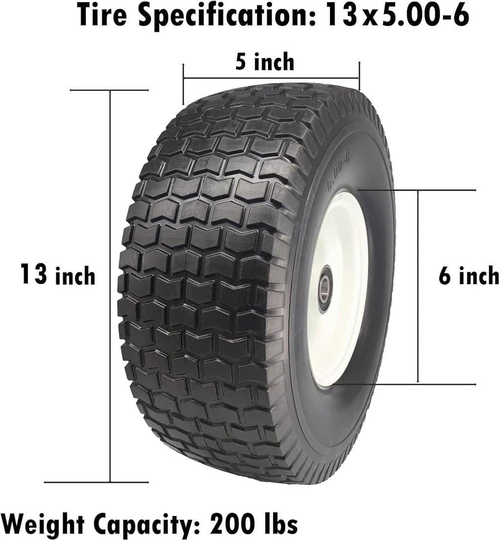 13x5.00-6 Flat Free Lawn Mower Tire with 3/4 & 5/8 Bearings, 3" Center Hub Flat Free Tire and Wheel for