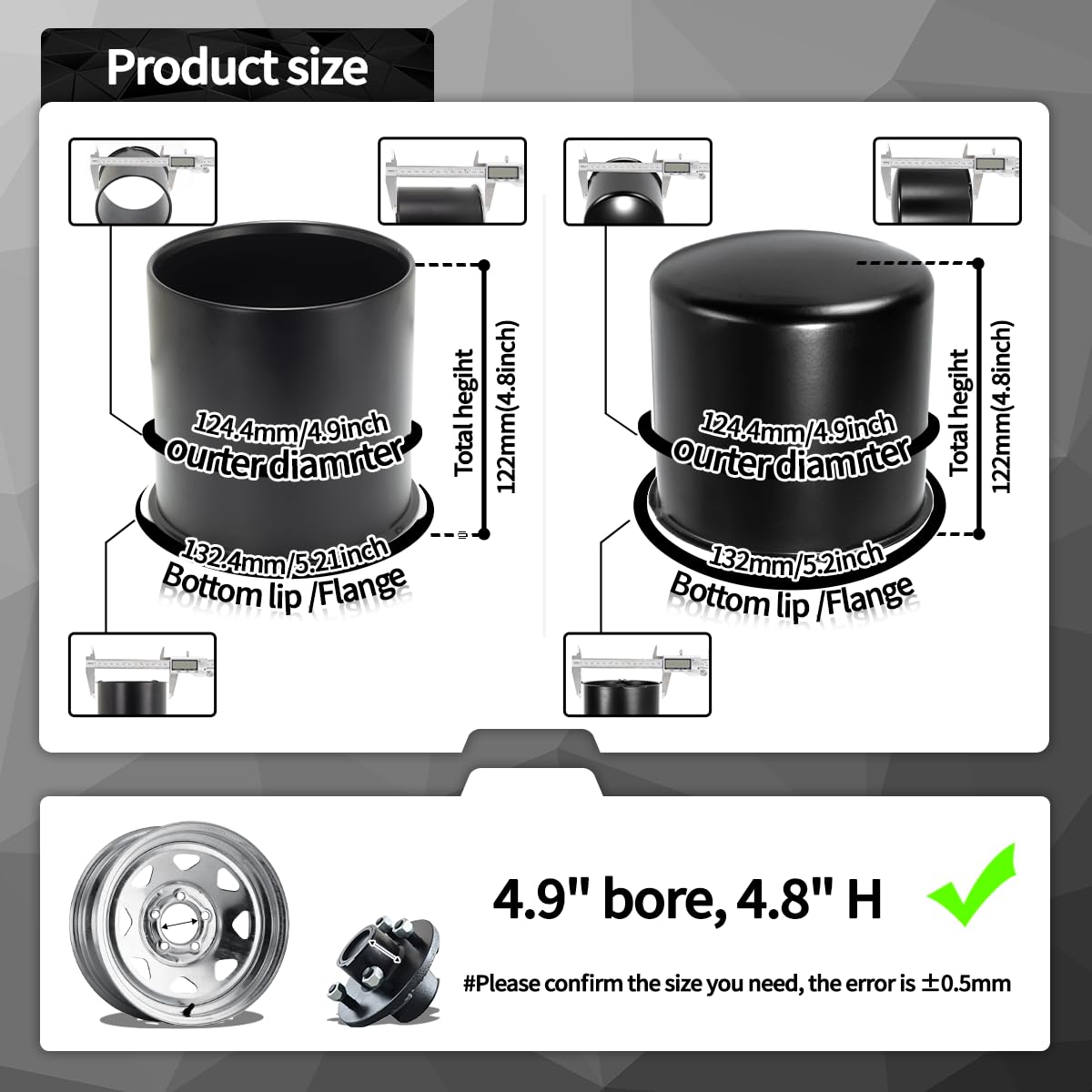 4Pcs 4.9" OD Open ＆ Domed Bundle Trailer Wheel Center Caps
