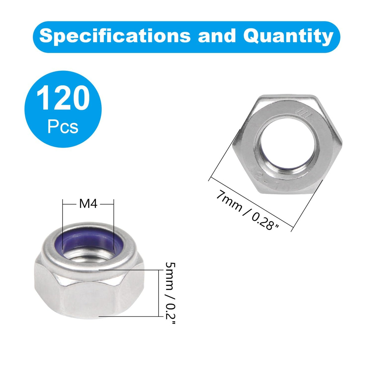 120PCS M4 Locknuts M4x0.7mm Nylon Insert Hex Lock Nuts