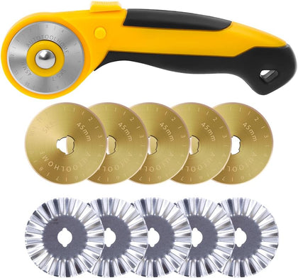 45mm Rotary Cutter for Fabric, 10PCS Titanium & Pinking Blades | Fabric Cutter with Sharp Replacement 45mm Titanium