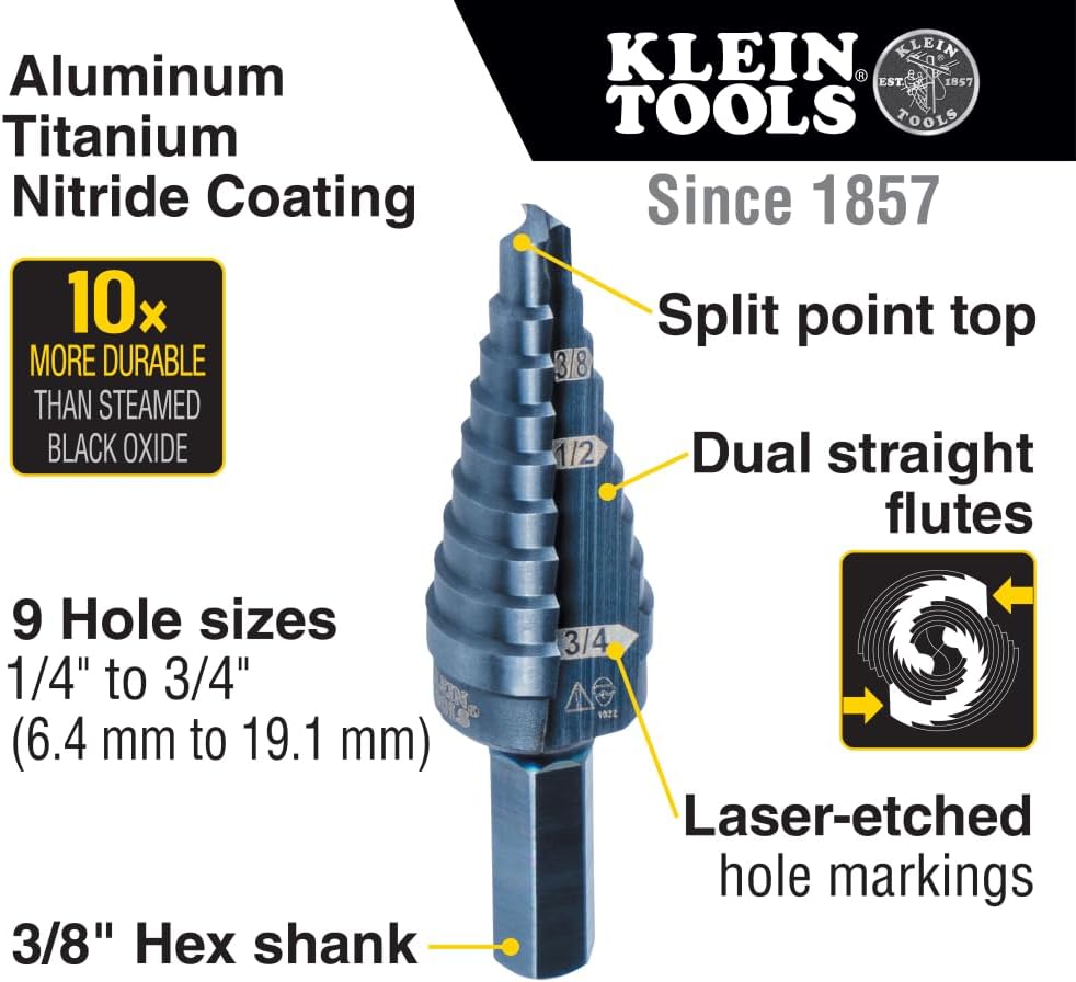 Klein Tools KTSB03 Step Drill Bit Double Fluted #3, 1/4 to 3/4-Inch with Easy-to-Read Markings and Targets, 3/8-Inch Hex Shank