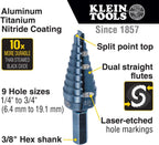 Klein Tools KTSB03 Step Drill Bit Double Fluted #3, 1/4 to 3/4-Inch with Easy-to-Read Markings and Targets, 3/8-Inch Hex Shank