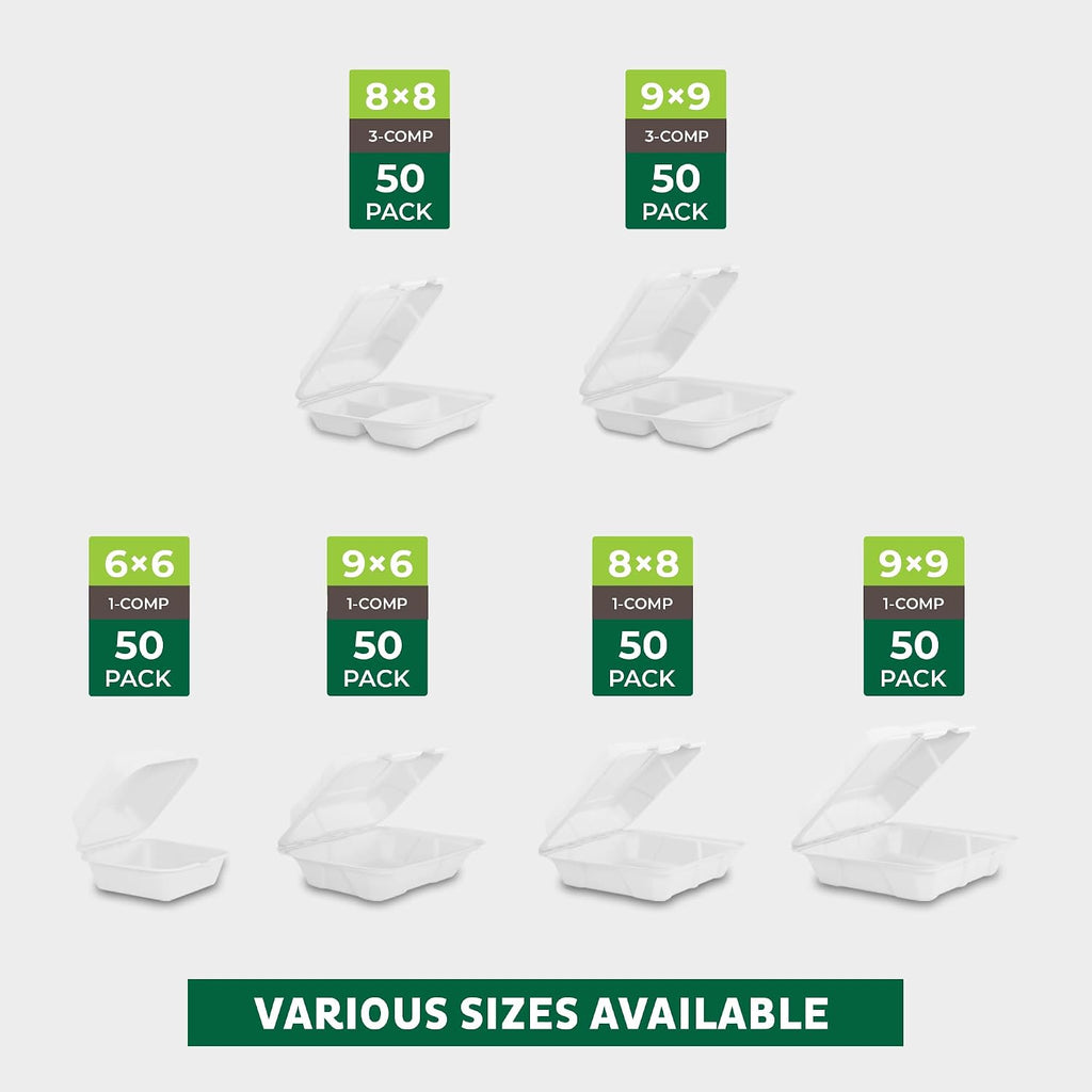 Compostable Clamshell Food Containers - 8x8" 50-Pack, Biodegradable Sugarcane To Go Boxes, Heavy Duty Paper Container